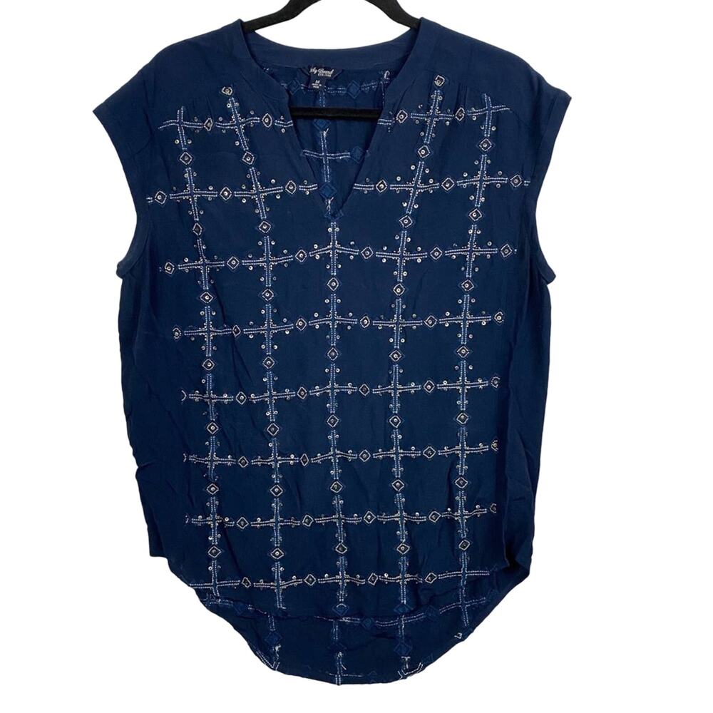 Lucky Brand Navy Blue Embroidered Beaded Cap Sleeve Top Size Medium